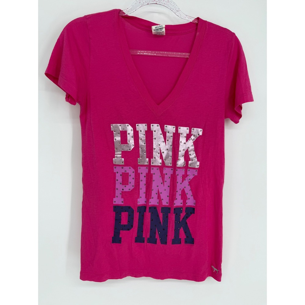 Victorias Secret PINK Pima Cotton V-Neck Graphic Tee Fuchsia Rhinestone Sz S